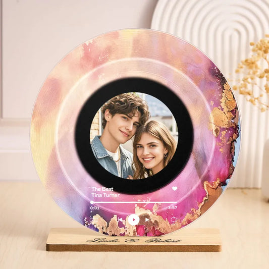 Personalised Vinyl Record Plaque with custom photo and song title on glossy acrylic – photo & song keepsake with optional engraved text