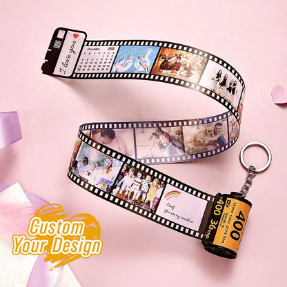 Personalised camera-roll keyring displaying a row of custom photos with personalised date and text – retro photo keychain gift