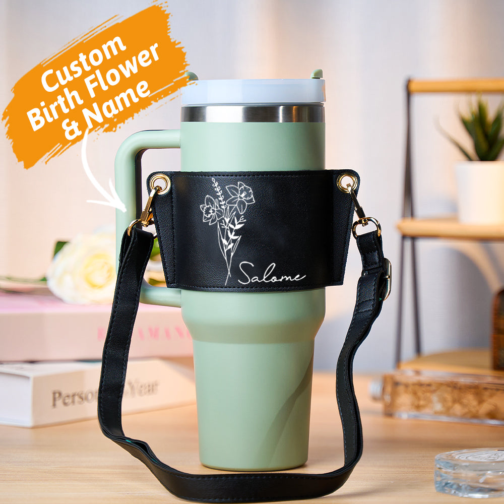 Close-up of durable PU leather texture and high-quality print on personalised 40oz tumbler carrier bag