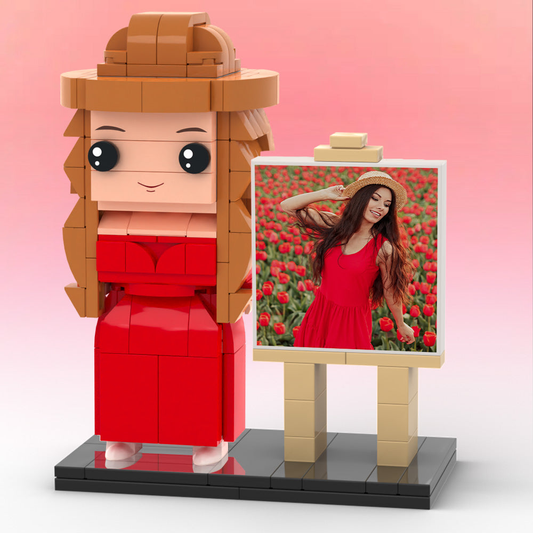 Full‑body personalised 1‑person Brick Me figure in display frame — custom Small Particle Block mini figure made from ABS eco‑friendly blocks, photo‑to‑mini gift (UK & Australia)