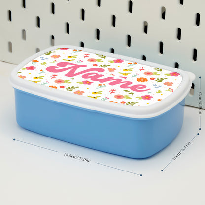 Personalised lunch box styled as a gift – colourful flowers and name customisation, great birthday or Christmas present for children