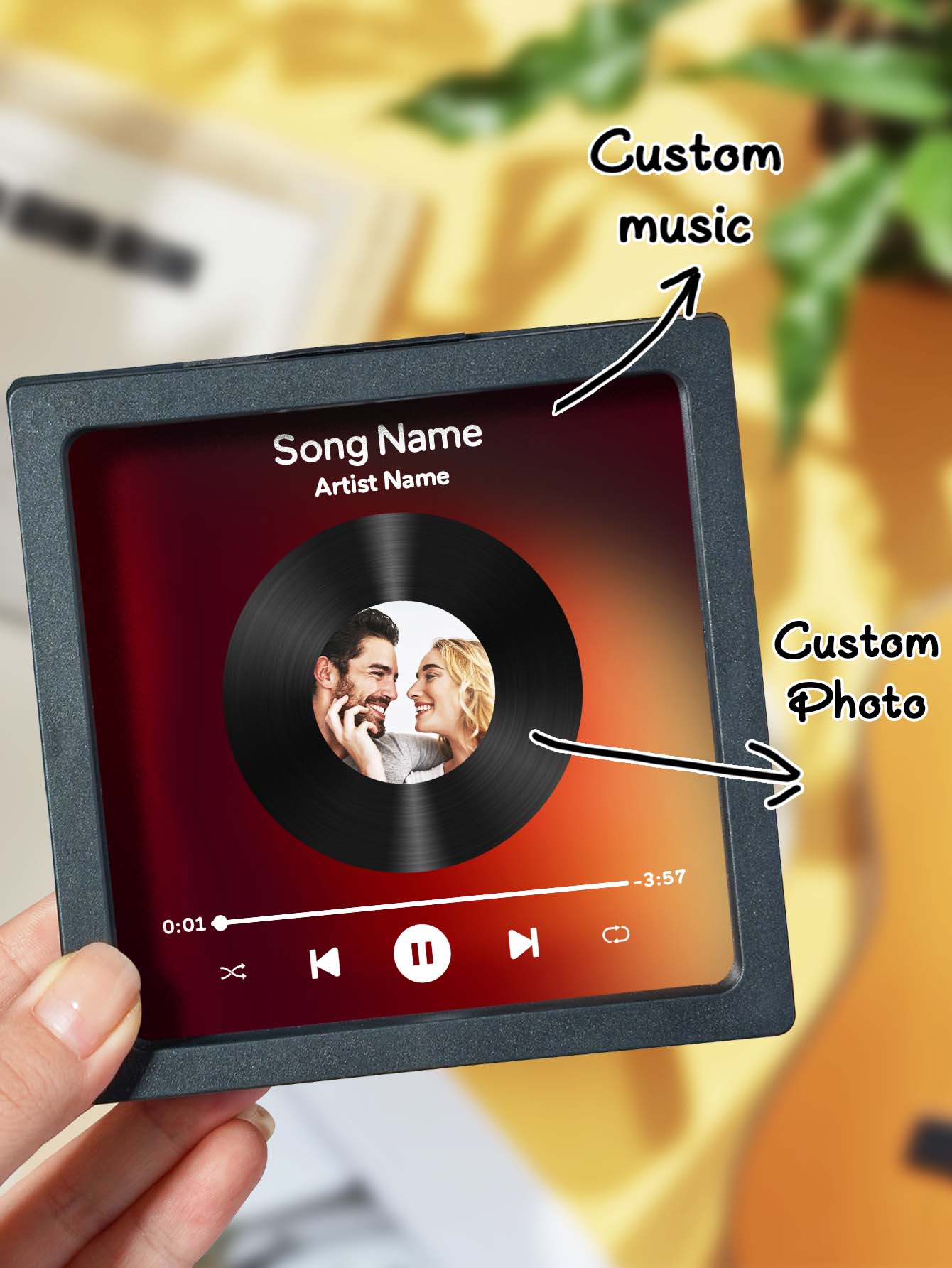 Personalised Photo Vinyl Record Fridge Magnet showing couple photo with vinyl-look centre and custom song title ideal personalised music memory gift