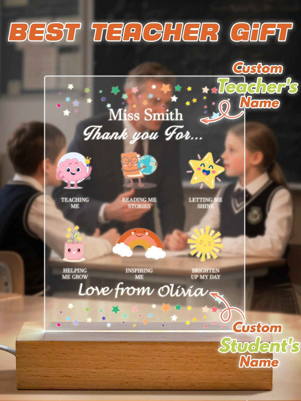 Custom Name Back to School Transparent Night Light Decor White Light Teacher's Day Gift