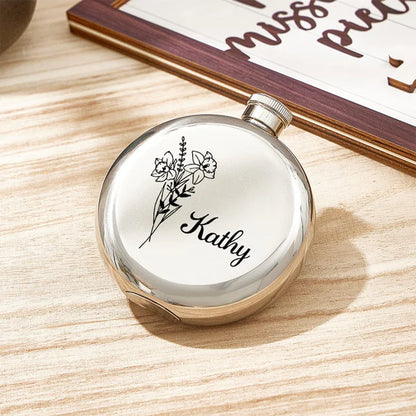 Personalised Name Flask with Birth Flower - Custom Bridesmaid Gift
