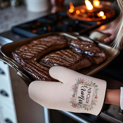 Personalised Floral Oven Mitt & Pot Holder Set - Custom Text Kitchen Gift for Mum