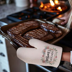 Personalised Floral Oven Mitt & Pot Holder Set - Custom Text Kitchen Gift for Mum