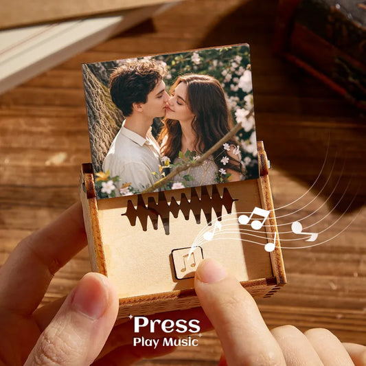 Personalised digital photo music box — wooden keepsake with custom high-resolution photo on the lid, MP3 playback and on-device voice recording