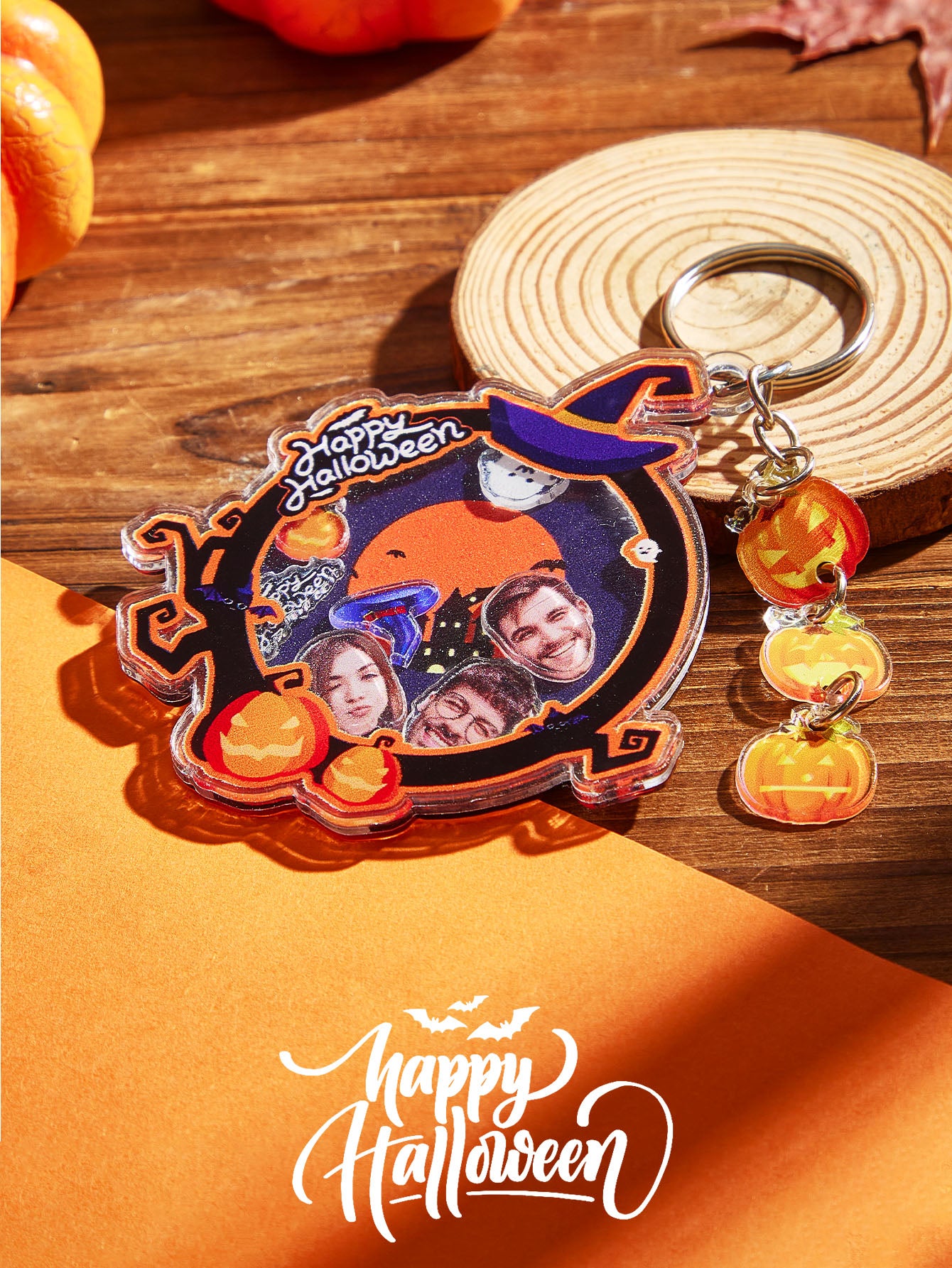 Collection of personalised Hallowmas acrylic keyrings showcasing different funny face designs, perfect for gifting