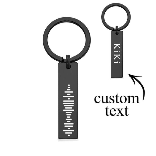 Personalised stainless steel 3D vertical bar keychain with laser-engraved music code and custom text – scannable Spotify song keyring, silver finish