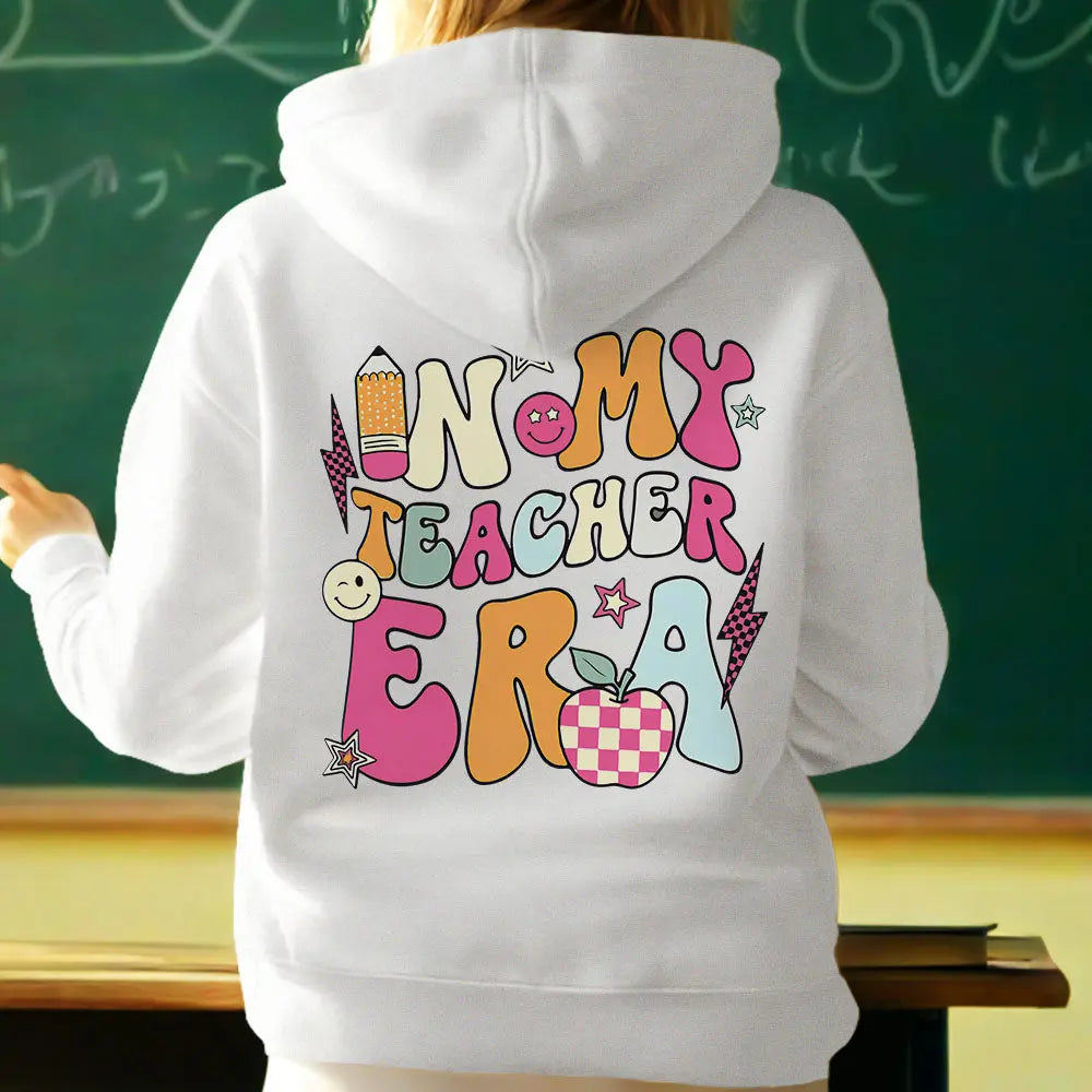 Size and fit example of personalised teacher sweatshirt — available in a range of sizes, please select your size at checkout