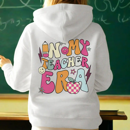 Size and fit example of personalised teacher sweatshirt — available in a range of sizes, please select your size at checkout