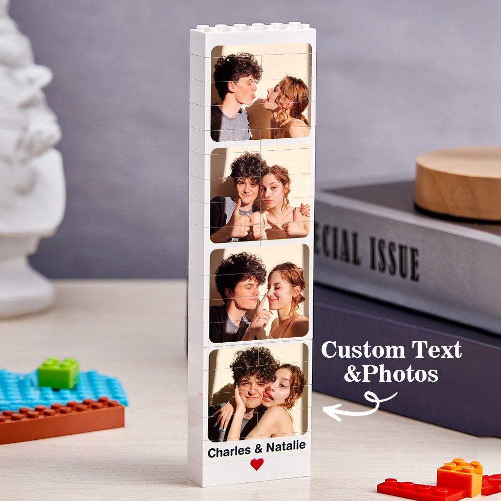 Close-up of the custom photo brick puzzle showing high‑resolution print and interlocking plastic studs — high quality personalised photo brick puzzle
