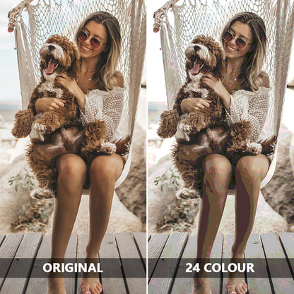 Paint pots, brushes and numbered palette from a personalised photo paint-by-numbers kit — custom DIY oil painting supplies, 30 x 40 cm