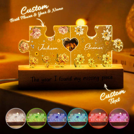 Personalised Couple Puzzle Night Light with birth flower photo, custom LED gift showing intertwined names laser-etched on acrylic and wood bedside lamp