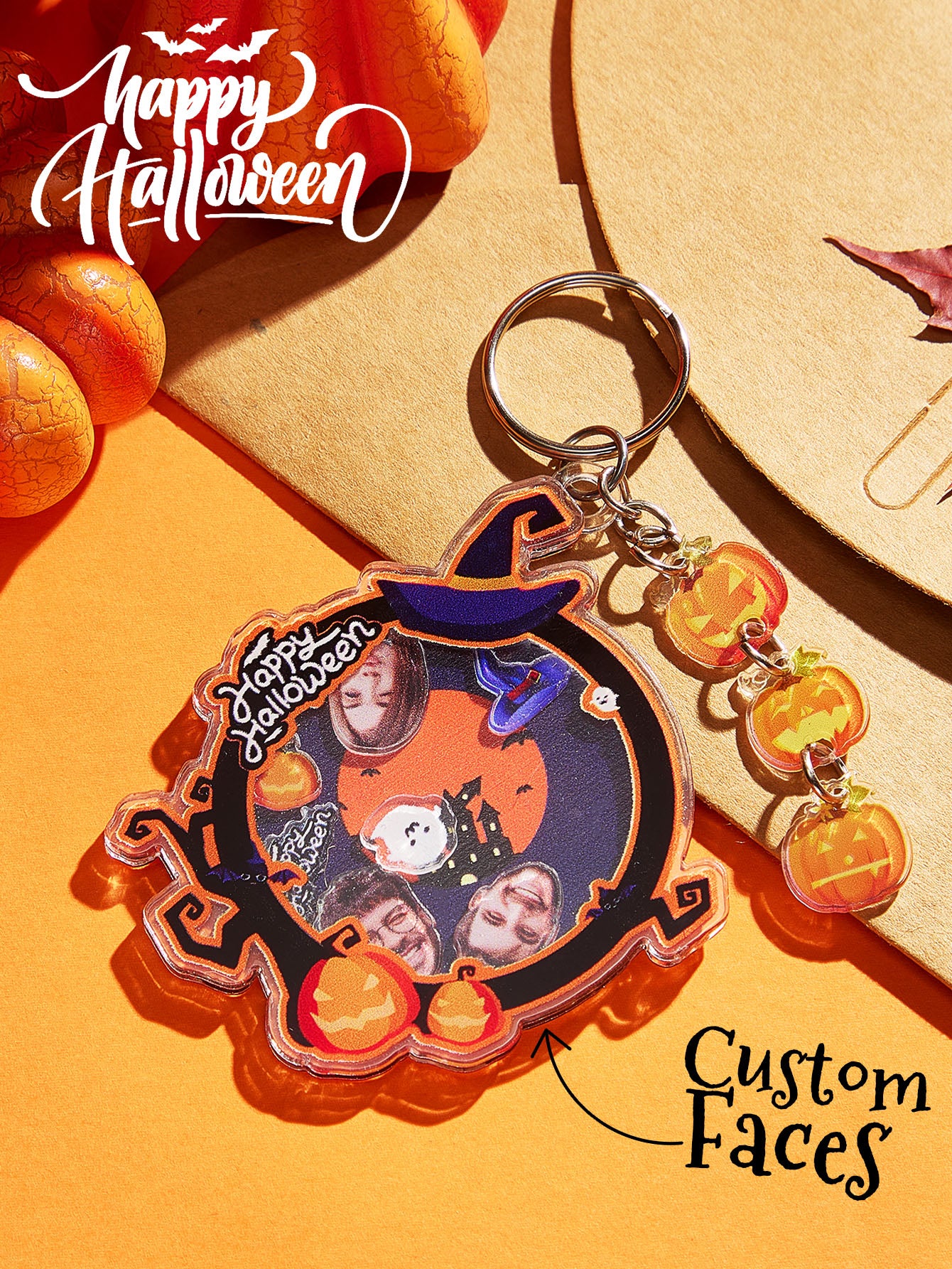 Customisation example displaying personalised text and photo options for the Hallowmas acrylic keyring — upload high‑resolution images