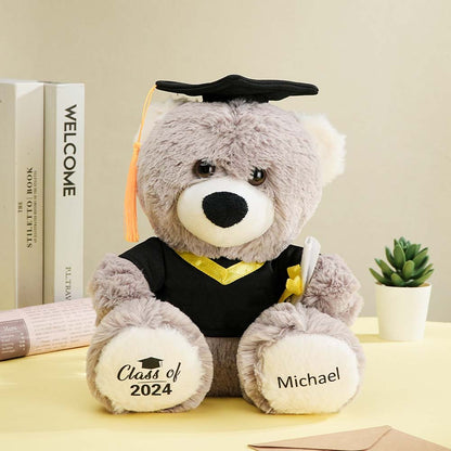 Close-up of personalised graduation teddy showing embroidered name and graduation date — ideal personalised graduation gift for uni, A‑Levels and school leavers