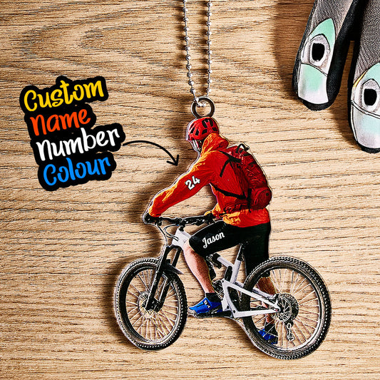 Personalised acrylic mountain biking ornament engraved with name — clear biker keepsake for cyclists, 8 x 10 cm