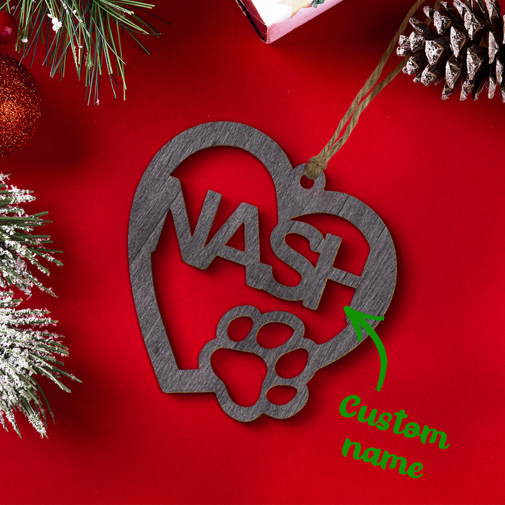 Personalised Wood Heart Dog Paw Name Christmas Ornament - Custom Pet Keepsake
