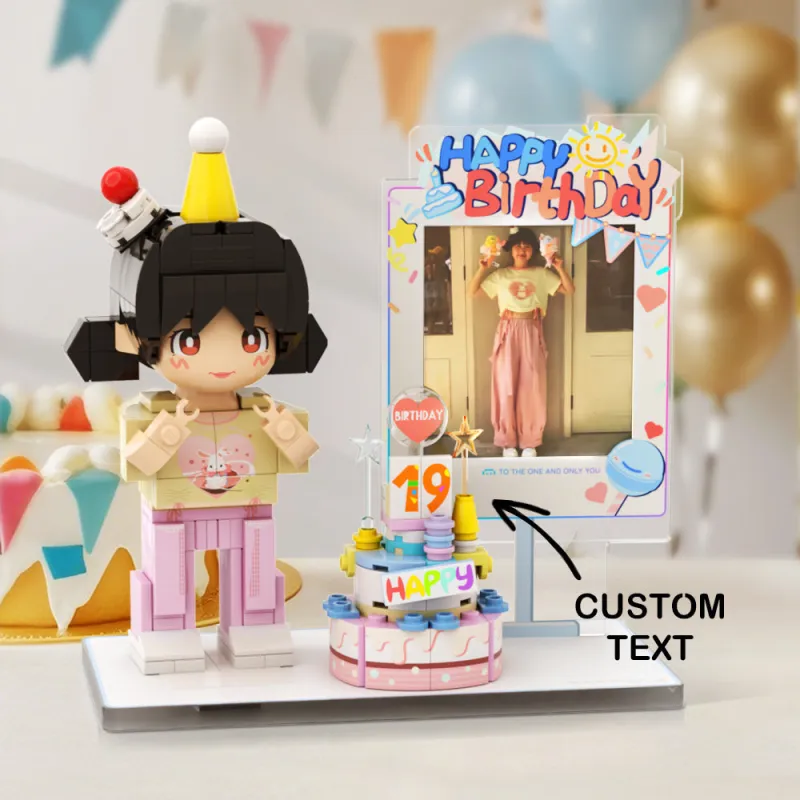 Full‑body customisable Duddu brick figure, personalised 1‑person small‑particle block toy in light nougat skin tone — front view ideal birthday girl gift for daughter or her, eco‑friendly ABS