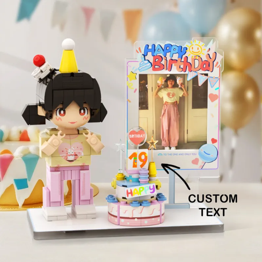 Full‑body customisable Duddu brick figure, personalised 1‑person small‑particle block toy in light nougat skin tone — front view ideal birthday girl gift for daughter or her, eco‑friendly ABS