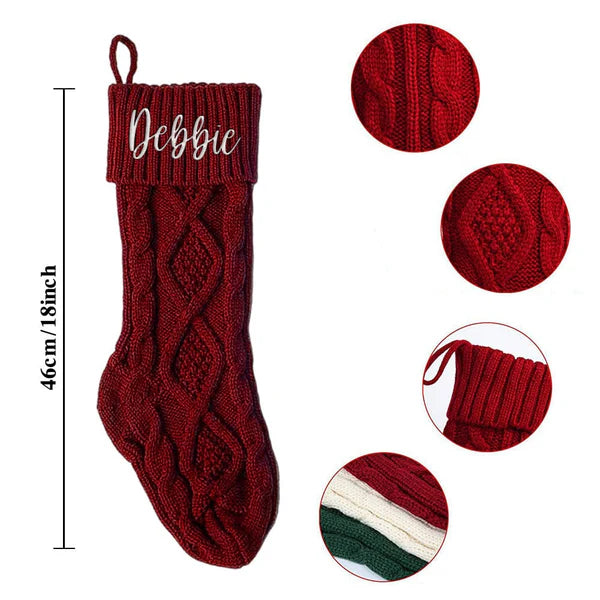 Collection of personalised 18in knitted Christmas stockings in different designs and name options, perfect for homes, farmhouses and hotels