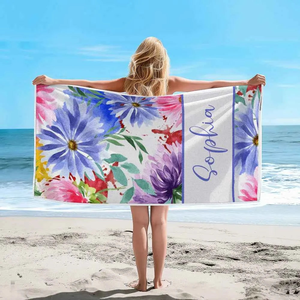 Personalized Watercolor Flower Beach Towel with Name Beach Accessories Gift for Her