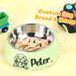 Personalised stainless steel pet bowl with engraved name and black non-slip base – dog food and water bowl