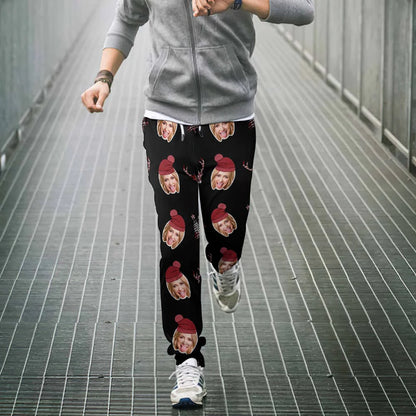 Model wearing personalised girlfriend face joggers demonstrating comfortable unisex fit and elasticated waistband, perfect personalised gifts UK