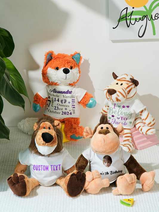 Personalised baby gift — front view of custom animal plush toy with personalised head, ideal birth announcement keepsake (20cm x 35cm)