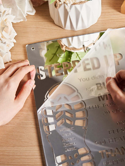 Personalised Dad Mirror Light lit on a side table in a homely setting, showcasing warm LED glow and sentimental design.