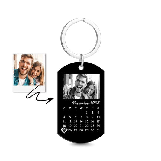 Personalised black filter photo calendar keychain showing a custom monochrome photo and mini calendar – a timeless anniversary or wedding gift