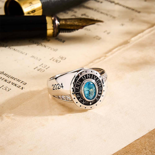 Personalised birthstone graduation ring in copper, close-up of Class of 2024 engraved band — ideal personalised jewellery gift for female graduates