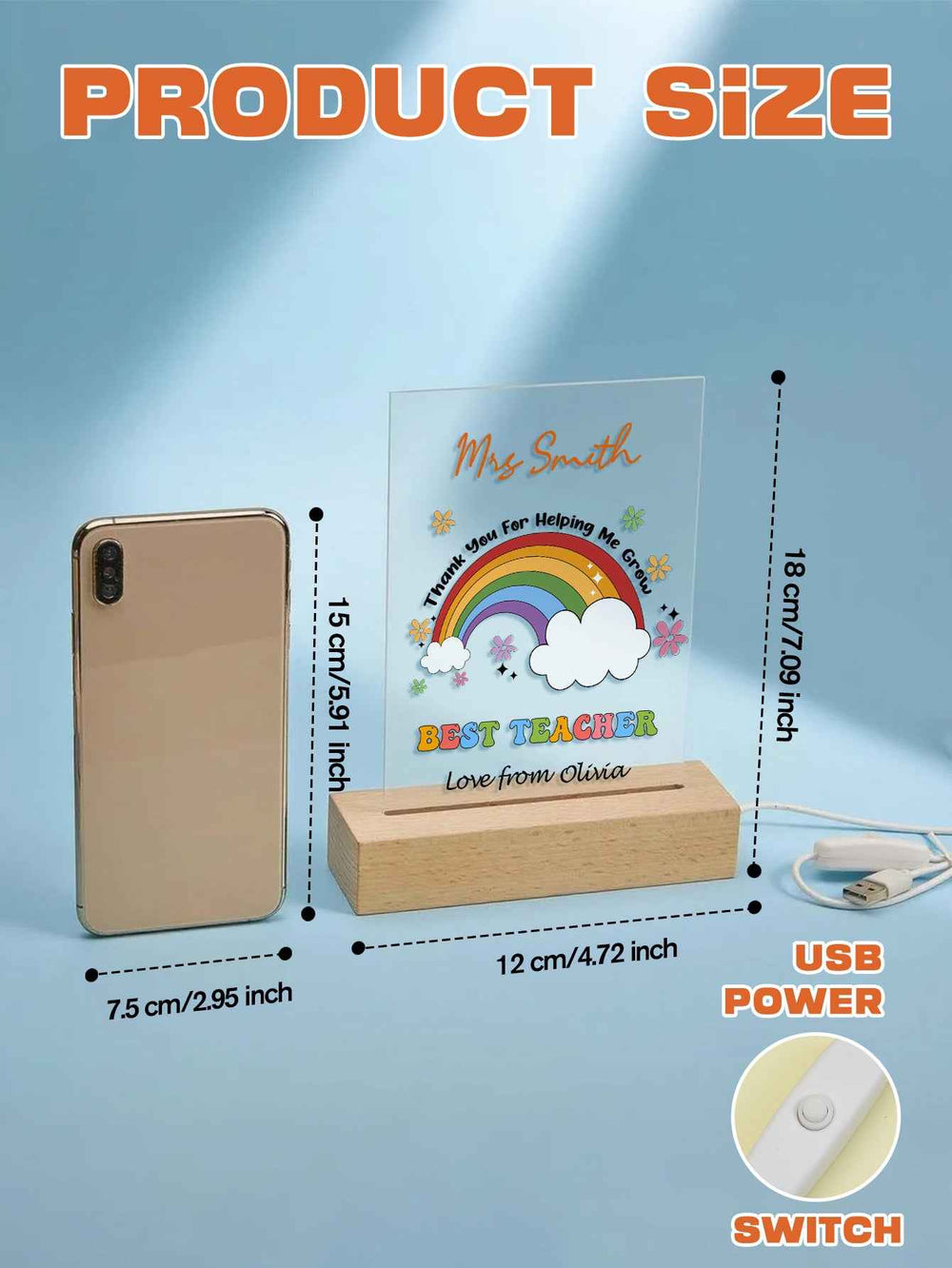 Custom Name Back to School Transparent Night Light with Rainbow Design White Light Teacher's Day Gift