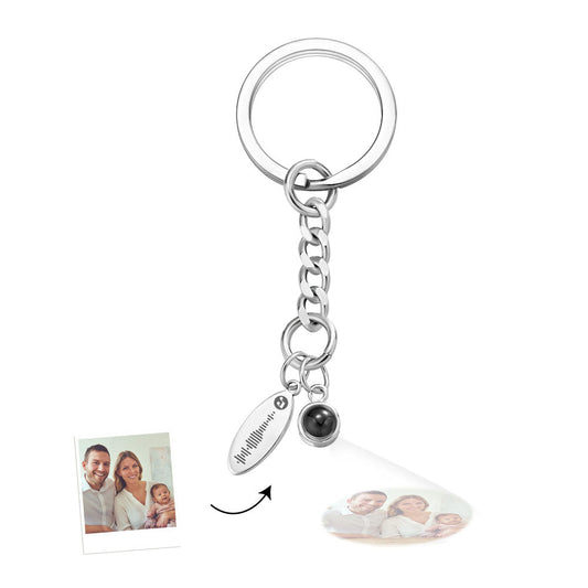 Personalised photo projection keychain with engraved metal plaque and unique scannable code — music keyring that projects a chosen photo when held to light