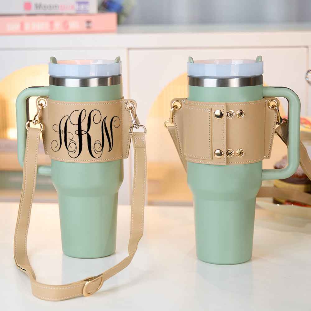 Personalized Monogram Water Bottle Carrier Bag for 40oz Stanley Tumbler with Adjustable Strap Birthday Gift for Her