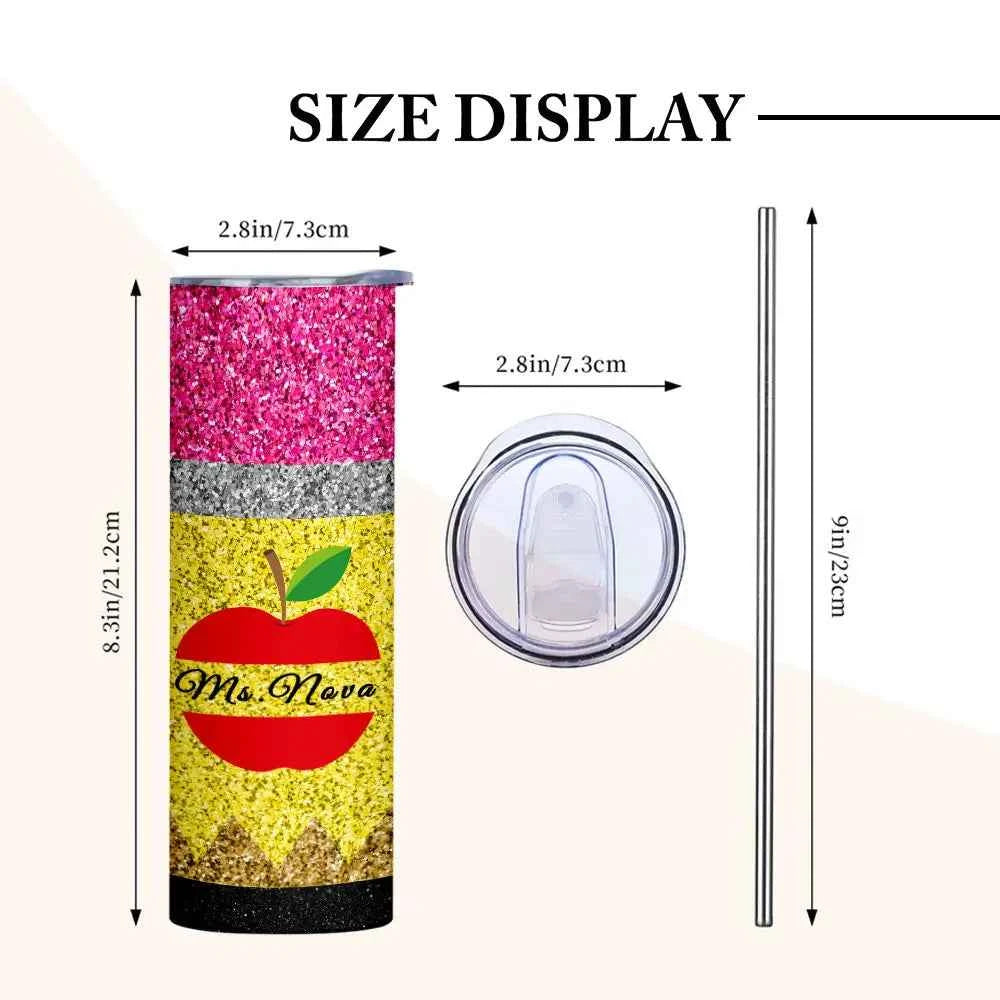 Personalized Glitter Apple 20oz Skinny Tumbler with Straw Back to School Appreciation Gift for Teacher