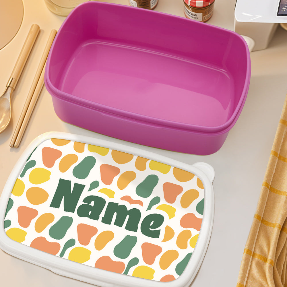 Open personalised lunch box showing interior compartment and secure clasp — named kids packed lunch organiser for school