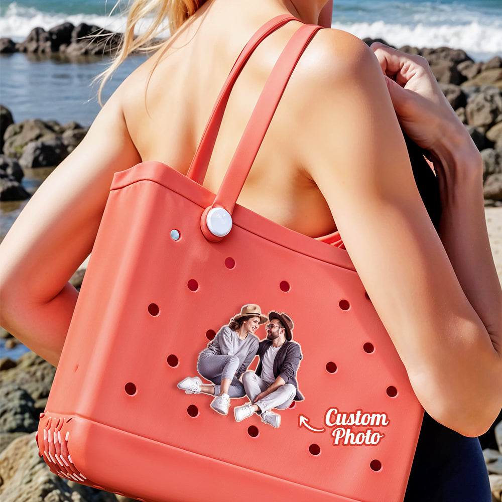 Back view of Personalised Photo Acrylic Button Charm showing sturdy metal clip and glossy finish — ideal for handbags and totes