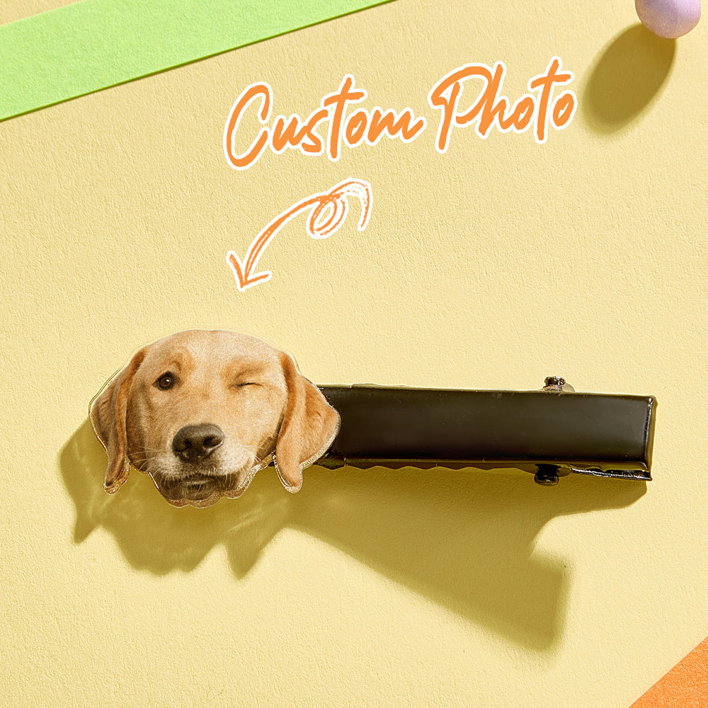 Personalised pet portrait hair clip with acrylic pet image and secure metal clip — custom pet hair accessory gift