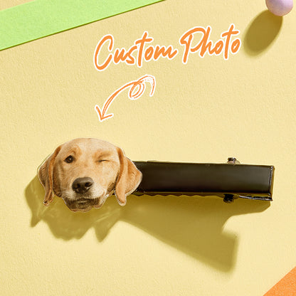 Personalised pet portrait hair clip with acrylic pet image and secure metal clip — custom pet hair accessory gift