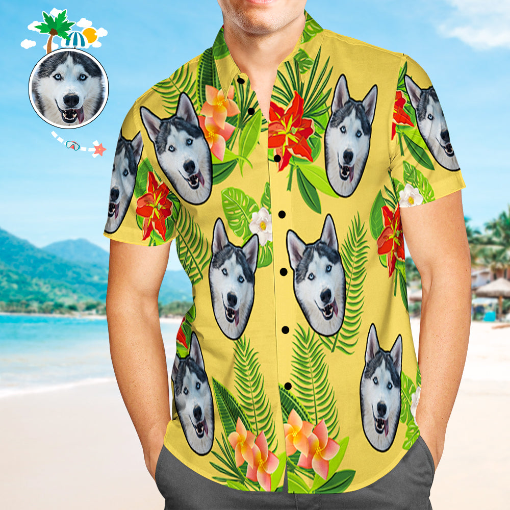 Personalised floral Hawaiian shirt with a custom dog face all-over photo print — men's relaxed Aloha shirt, perfect personalised tropical shirt for Australian summers and UK getaways