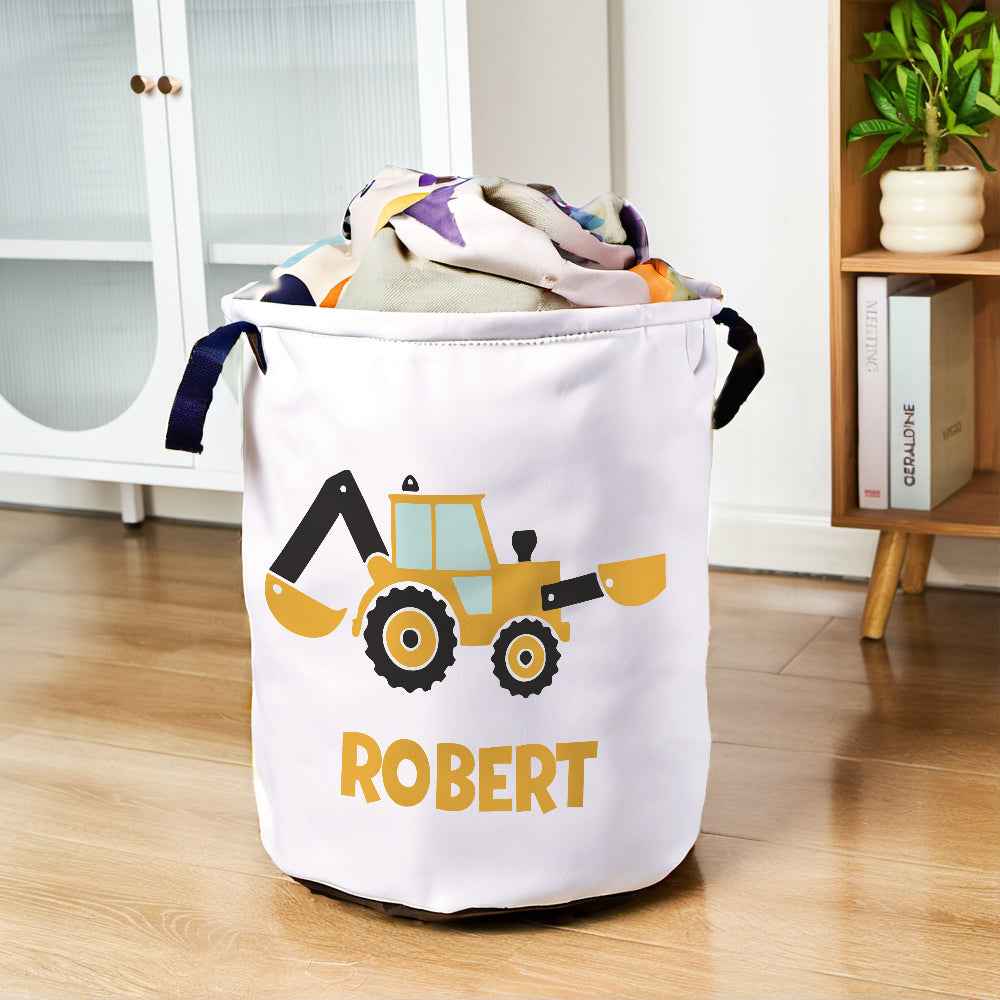 Personalized Name Storage Basket Work Vehicles Construction Trucks Toy Laundry Basket Birthday Gift for Family Kids
