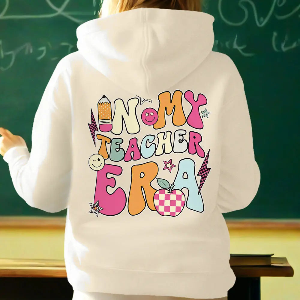 Flat-lay of personalised 'In My Teacher Era' hoodie showing full design and custom name — ideal teacher appreciation gift