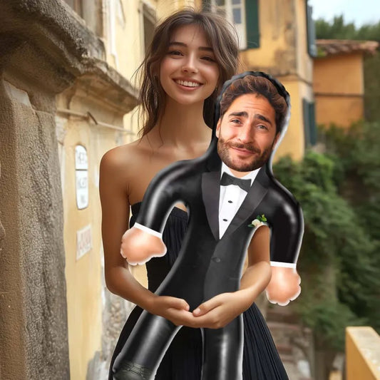 Front view of a personalised groom blow up doll featuring a custom photo face, a humorous wedding gift made from durable PVC inflatable material.