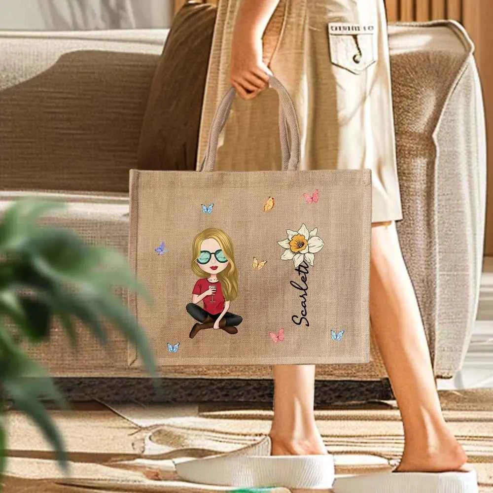 Personalized Cartoon Women Girl Birth Flower Grandma's Garden Jute Tote Bag with Name Wedding Birthday Gift for Her