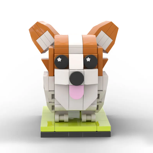 Customisable full-body Corgi brick figure — front-facing personalised Corgi mini build reproducing fur colour, facial emoji and clothing from your photo (photo upload) — ideal personalised pet gift