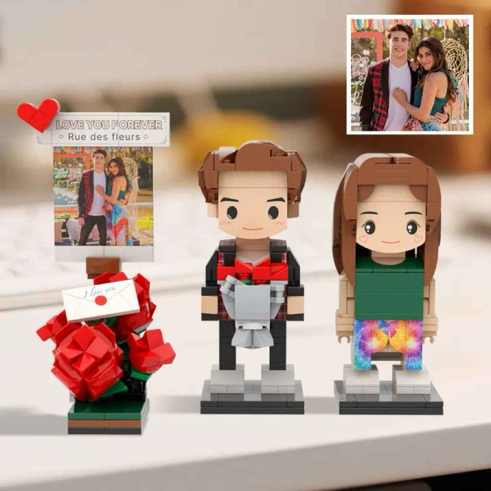 Full Body Custom Photo 2 people Cute Brick Figure with Rose Valentines Gift Anniversary Gift