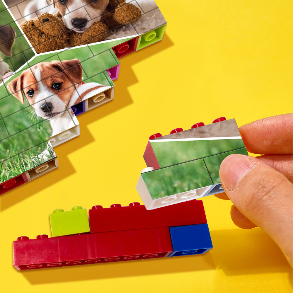 Disassembled view of the personalised collage block showing modular building‑brick pieces — fun DIY assembly for kids and adults