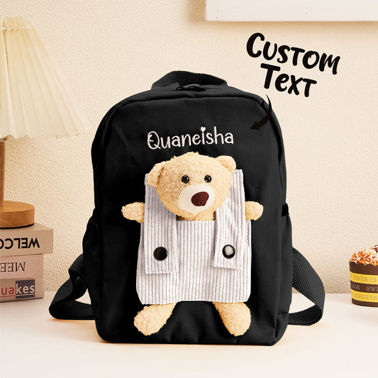 Front view of personalised name embroidery bear backpack — compact custom school bag for kids in durable nylon and polyester