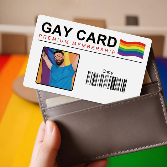 Custom photo personalised name wallet card with rainbow Gay Pride motif — durable plastic 5.4 x 8.6 cm LGBT keepsake for wallets